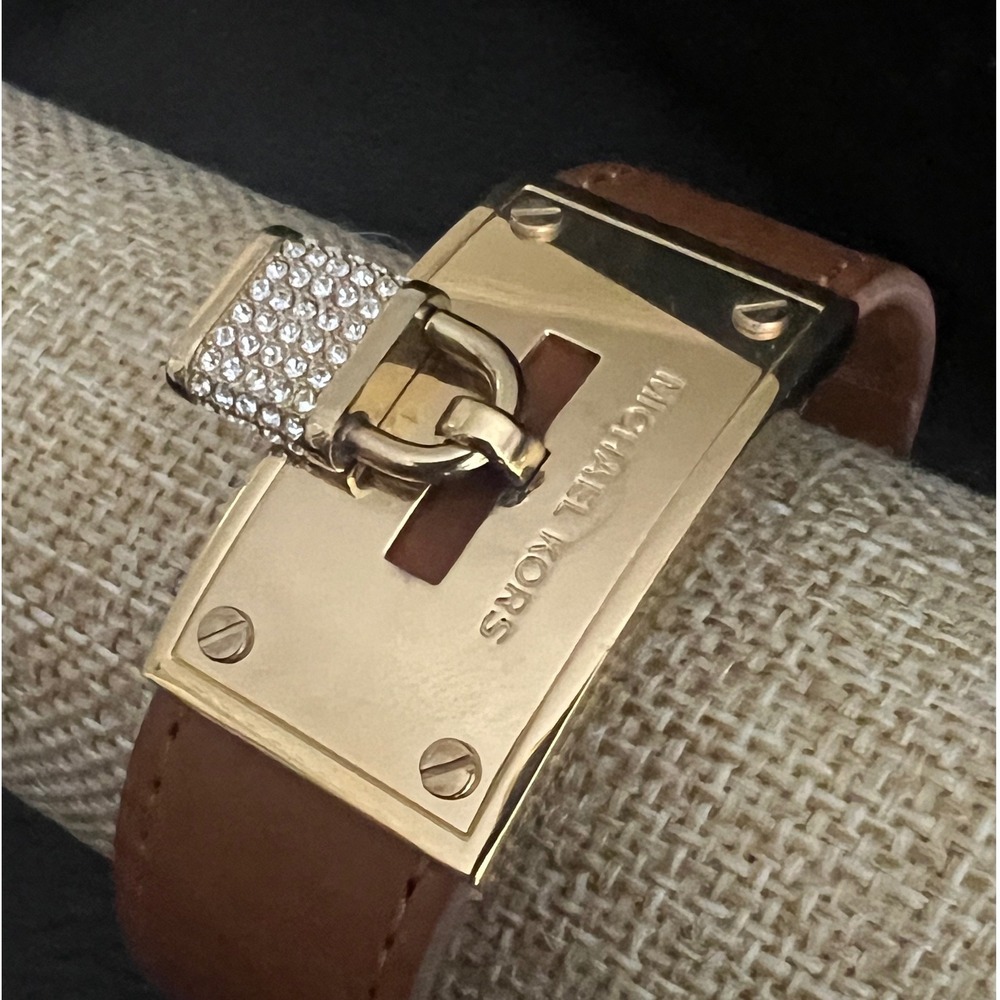 Michael Kors Brown Leather Gold Padlock Crystal Cuff Bracelet Size Medium Preppy